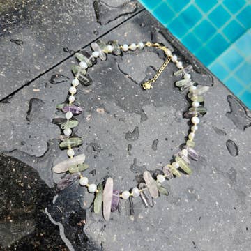 Hand Made Necklace Rose Quartz, Amethyst, Prehnite and Pearl | So Silver
