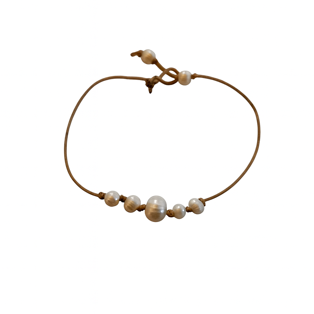 Tidal Pearl Cluster Bracelet – Adjustable Freshwater Pearl Bracelet on Tan Cord | AquaGeo
