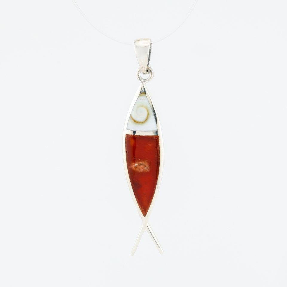 Fish Pendant  Sterling Silver w/ Red Coral inlay .925