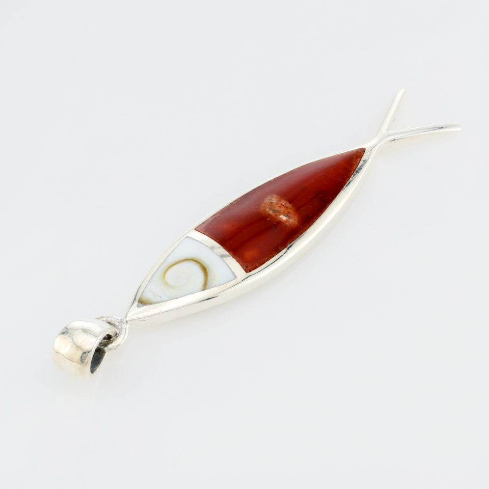 Fish Pendant  Sterling Silver w/ Red Coral inlay .925